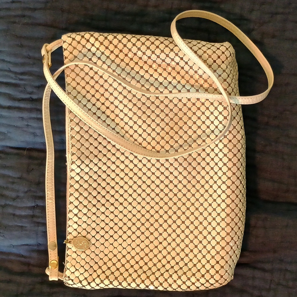 Whiting & Davis Cream Shoulder Bag with Metal Mesh and Long Strap